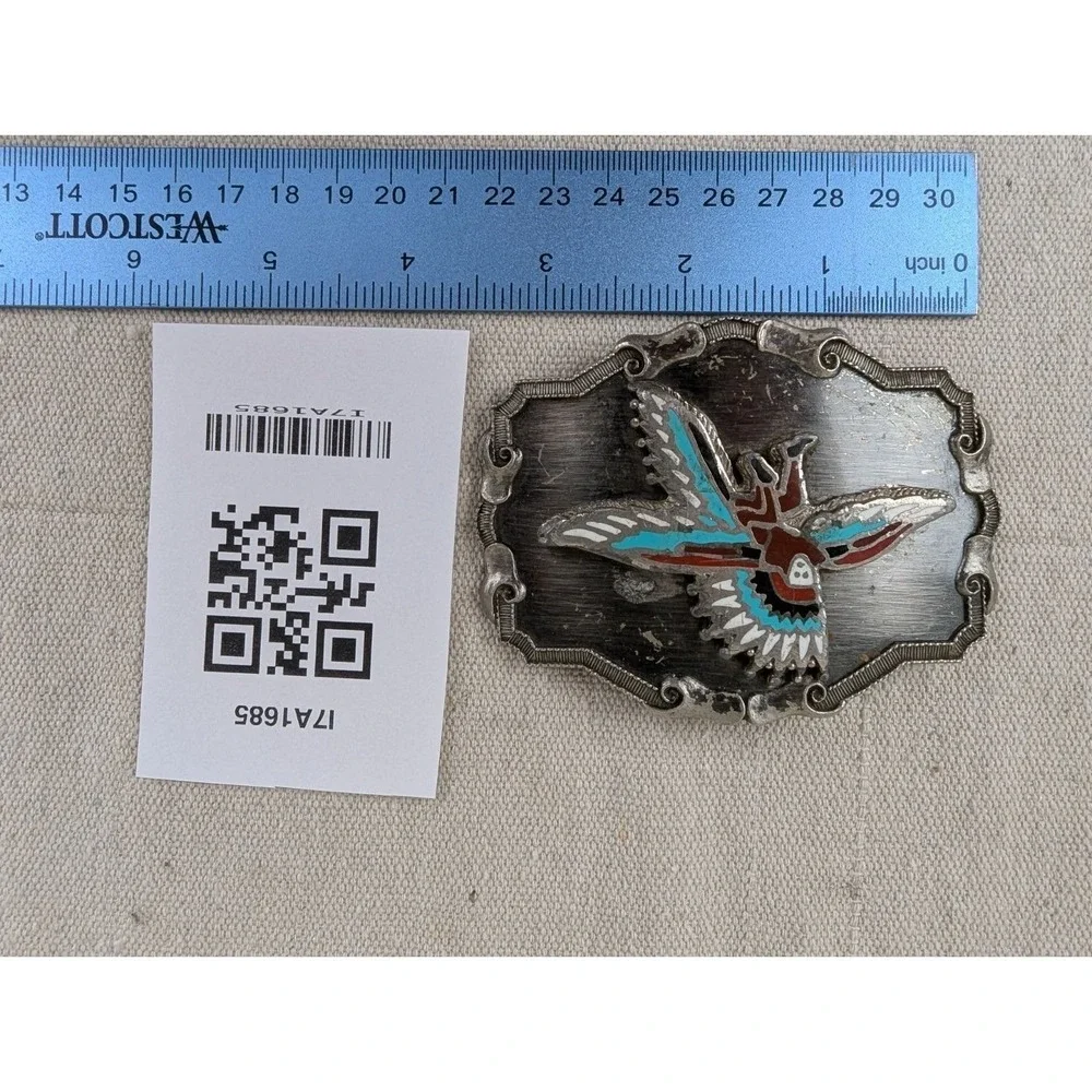 Vintage Southwest Belt Buckle Silver Tone Red Turquoise Man Bird Design Good
